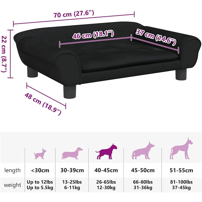 Крісло-ліжко для собак, м'яке ліжко для тварин, лежанка для маленьких собак та котів, чорний велюр 70 x 48 x 22 см