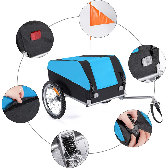 Велосипедний причіп CXWXC зі стоп-кабелем, великий об'єм 120л, вантажопідйомність 40кг, складаний вантажний причіп з тентом та прапорцем безпеки - ідеальний для щоденного транспортування, блакитний