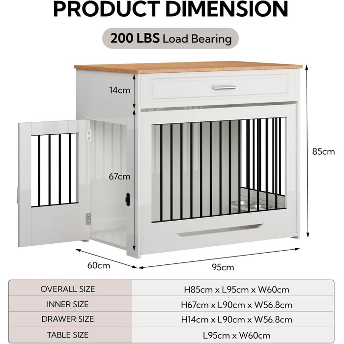DAWNYIELD Клітка для собак, меблі для тварин, дерев'яний вольєр з відкриваючимся верхом, шухляда, меблевий стиль, внутрішній вольєр для собак, стіл з поворотним мисником на 360°, білий колір, ковзаюча дверцята білого кольору