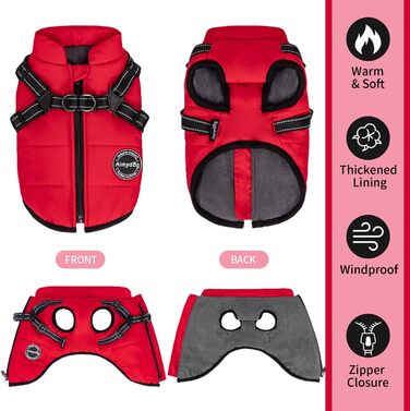 Зимовий теплий одяг для собак - куртка з нагрудником та захистом від вітру, для активних прогулянок на вулиці, світловідбиваюча жилетка з флісовою підкладкою, для маленьких собак (Червоний, XL)