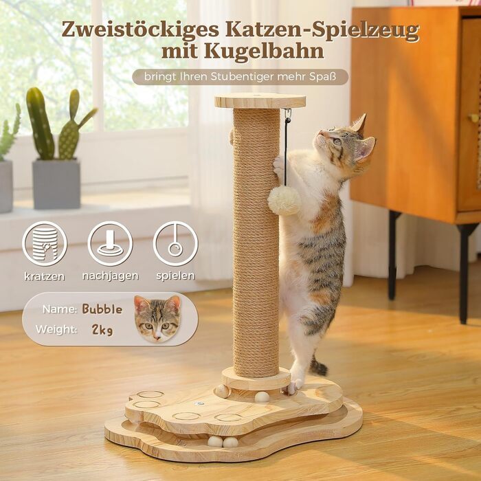 Інтерактивна іграшка для котів PETEPELA з подряпальним стовпчиком у формі ракети, коліщата з кульками, пір'їна, з масиву дерева, багатофункціональна