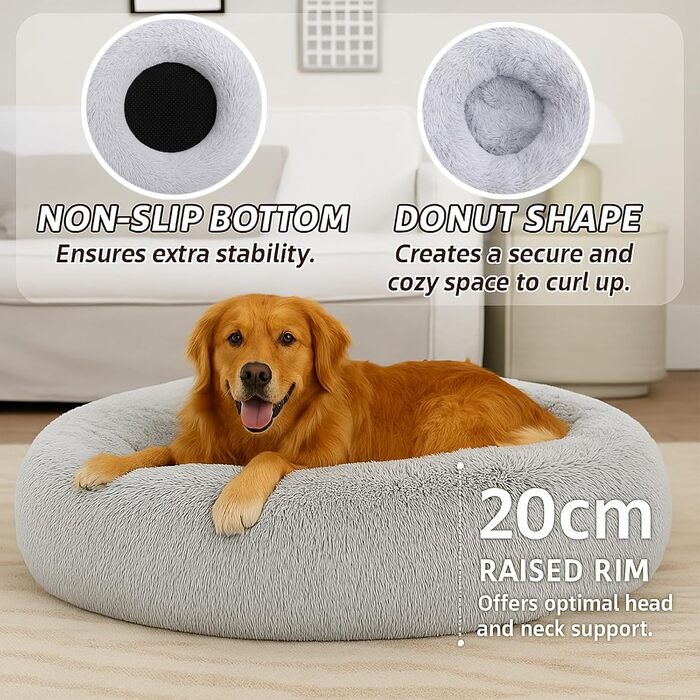 Крісло-лежанка для собак та котів Donut, плюшеве, зручне, 100x100x20 см, світло-сіре