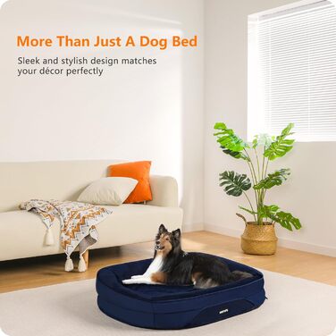 Ортопедичне ліжко для собак, диван-софа з підголовником, кошик для собак з неслизьким дном, знімний та пральний, для маленьких та середніх собак, 90 x 71 x 15 см, темно-синій