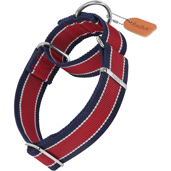 Нашийник для собак Martingale, 4 см, міцний нейлон 1600D, анти-вислизання, з трикольоровими смугами, для собак середніх та великих порід (M), сіро-блакитний & чорний, розмір 43-64 см