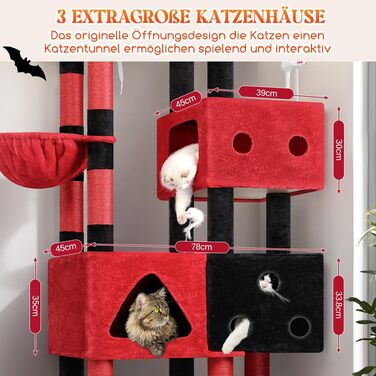 Комплекс для котів Globlazer XXL 207 см з будиночком 45х35 см, платформами, стійками та кошиком - подрядний стовпчик з сизалю для великих котів (чорно-червоний)