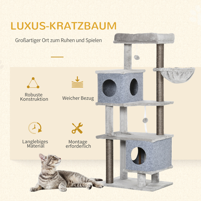 PawHut Cat Tree 142 см Котяче дерево з печерами та платформами, Сизалева колона, іграшка, захист від нахилу, сірий для активних котів