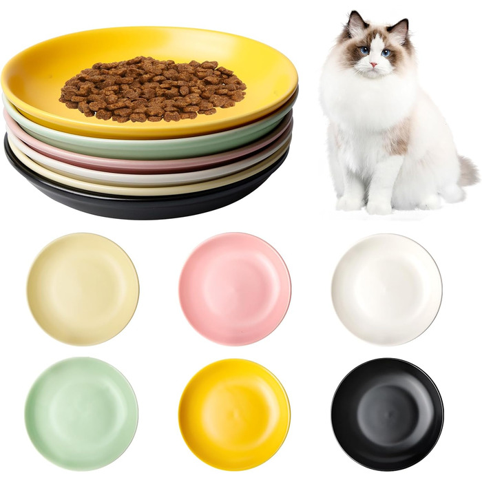 Набір мисок для котів Katzennapf, 6 шт., кераміка, кольорові, для кошенят та котів з короткими лапами, 15x15x3 см, 6 кольорів