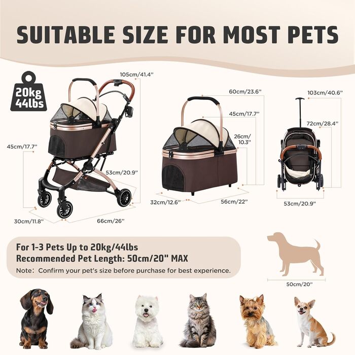 Візок для котів та собак Gimars 20кг, 4-в-1, складання, поворот 360°, гумові колеса, гальмо, захист від дощу, регульована ручка, хакі