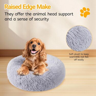 М'яке ліжко для собак середнього та маленького розміру, котяче ліжко, круглий килимок для собак, знімний та пральний килимок для собак, діаметр 50 см, довгий плюш, неслизьке ліжко для собак, диван для собак з високим бортиком, сірий колір