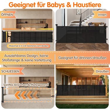 Розсувне захисне оградження для дитини та собаки, 400 см, 105 см заввишки, для сходищ/коридору/внутрішніх/зовнішніх приміщень, білий (чорний)