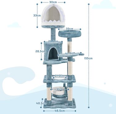 Дерев'яний будиночок для котів Yaheetech Meer Katzenbaum 155 см, когтеточка, блакитно-білий, з гамаком та платформою