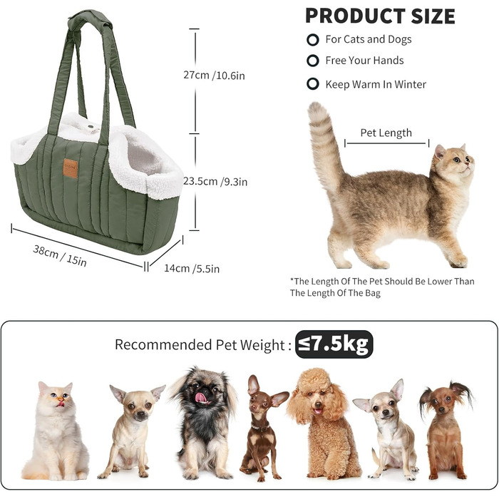 PETCUTE Сумка-переноска для собак та котів, зелена. Складана, з безпечним гачком, для маленьких тварин