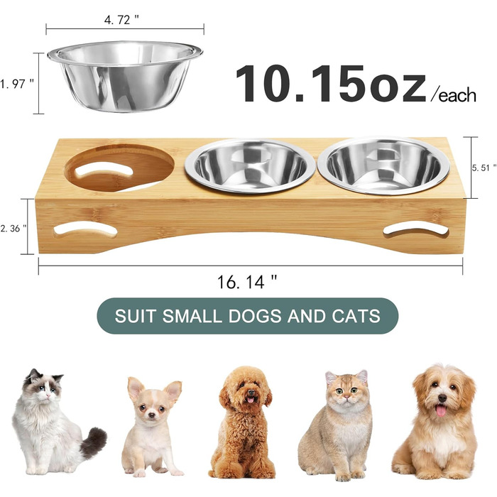 Набір мисок для котів та собак 3 шт. з підставкою з бамбука, підняті миски, нержавіюча сталь