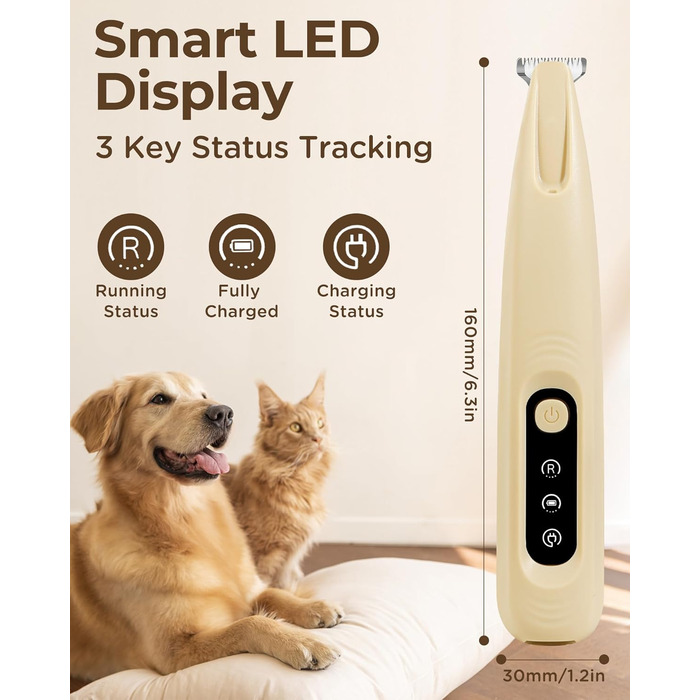 Триммер для догляду за лапами собак - 18 мм насадка, LED-дисплей, тиха робота 35 дБ, водонепроникний, USB-C, бездротовий - для лап, вух, обличчя та ділянок тіла