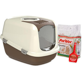 Туалет для котів PeeWee XXL EcoDome з кришкою, закритий котячий туалет з 3 кг деревних гранул, коричнево-слонової кістки