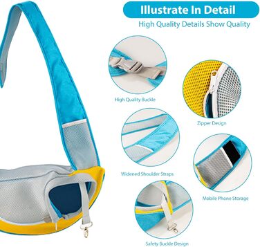 PETCUTE Сумка-переноска для собак, блакитна. Зручна переноска для цуценят та малих собак, з регульованою ручкою та безпечною шлейкою. Має дихаючу сітку та передню кишеню. Ідеально для прогулянок на свіжому повітрі.