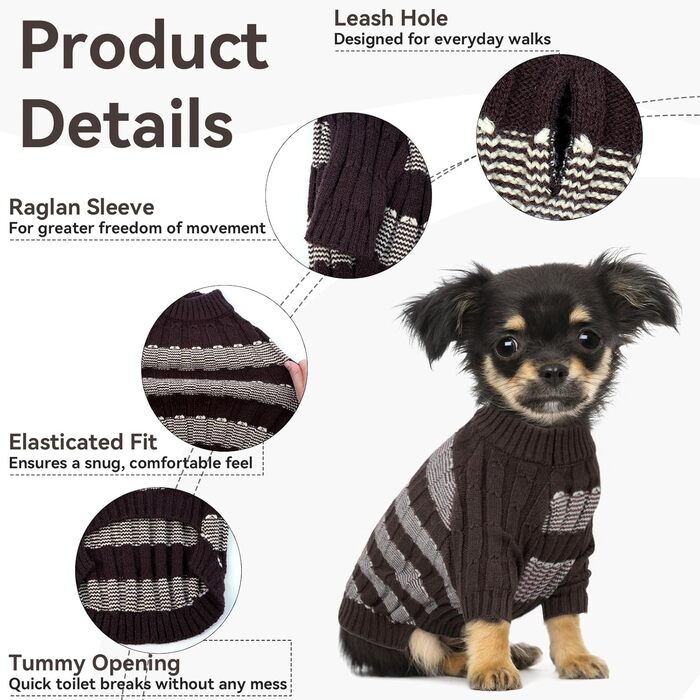 Теплий в'язаний пуловер для собак маленьких порід з отвором для повідка - коричневий, для Ши-тцу, Мопса, з пітонами