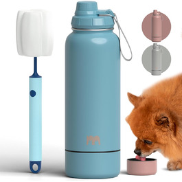 Фляга для собак Miracule Pets: термофляга з мискою, 1 л, нержавіюча сталь, BPA-free, з щіткою для чищення (Maya blue)