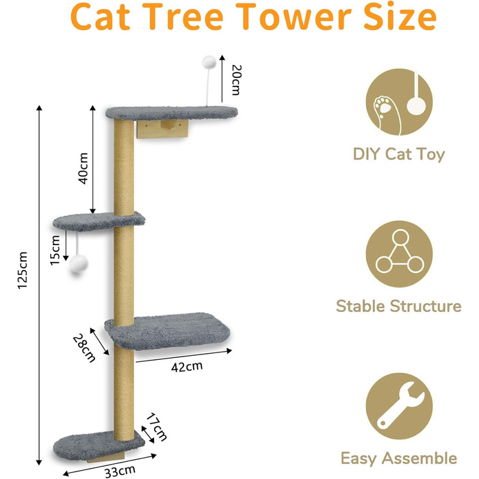 Кліматична стіна для котів Kratzbaum 125см: 4 яруси, натуральне дерево, міцний фетр, сірий колір