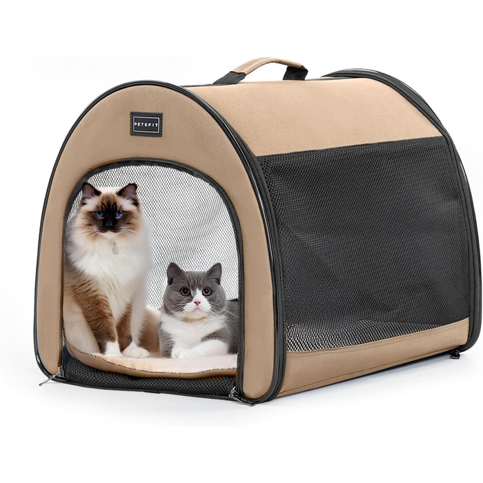 Складана переносна собача клітка Petsfit M, дихаюча, з вигнутим дизайном, антивідкривним замком і плюшевою подушкою, колір хакі, для дому