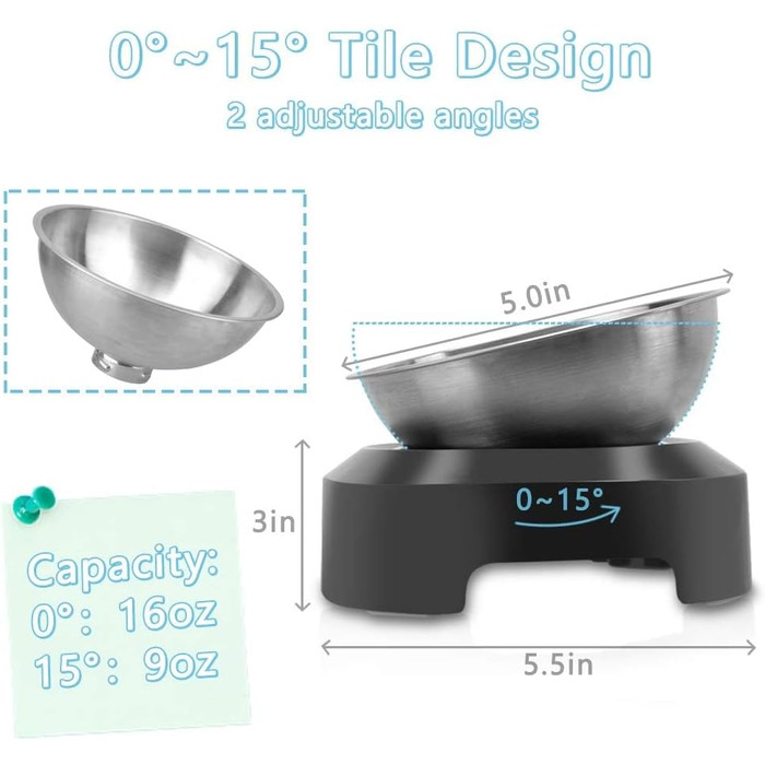 Підвищені годівниці для котів 2 шт. з нержавіючої сталі, нахил 15°, антиковзний стійкий, запобігає нудоті, придатні для миття в посудомийній машині