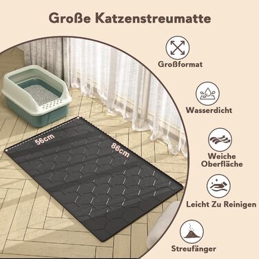 Мапа для котячого туалету Garoopion, силіконова, 86x56 см, чорна. Захист від протікання, легко мити.