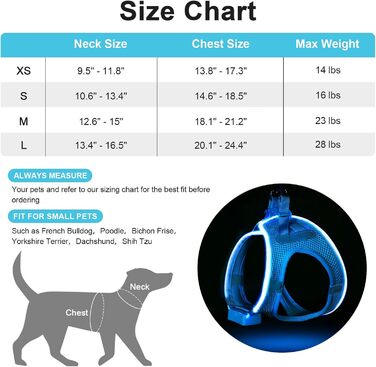 Світлодіодне шлейка для собак Feycig з LED підсвічуванням, перезаряджувана, для цуценят та собак середніх розмірів, дихаюча, синього кольору (Large)