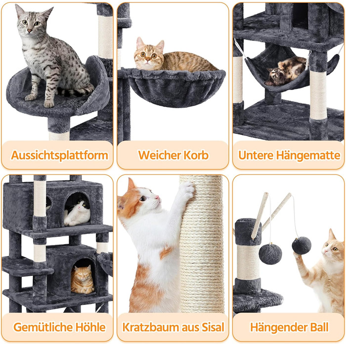 Котячий комплекс Yaheetech 170 см XL: кігтеточка, ліжко, гамак, іграшки, темно-сірий