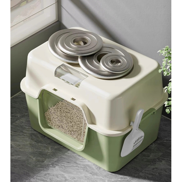 Закритий туалет для котів сірого кольору з лопаткою