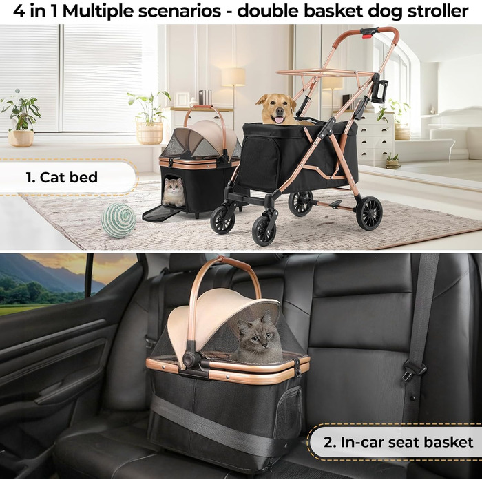 MAMIZO Подвійний візок для собак, переноска для тварин до 15 кг, складаний двоярусний візок для собак, котячий візок на 2 яруси з 4 зносостійкими колесами PU, чорний