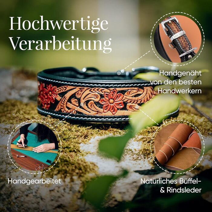 Нашийник для собак MICHUR Flora: шкіряний, з червоним квітковим візерунком, чорний/червоний/коричневий, розміри 51-58,5 см