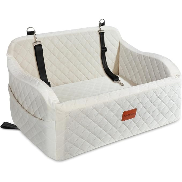 Автокрісло для собак великих порід, м'який матеріал, зручне ліжко для подорожей, memory foam, 2 страхувальні ремені, бежевий колір, розмір Large