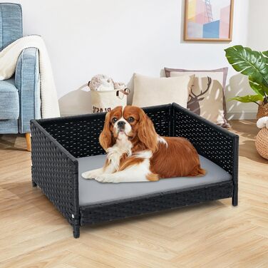 Собаче ліжко SOARS з ротангу, кошик для собак з подушкою, знімний та пральний чохол, підняте собаче ліжко для маленьких та середніх собак, диван для собак для дому та на вулицю, 62 x 46 x 25 см