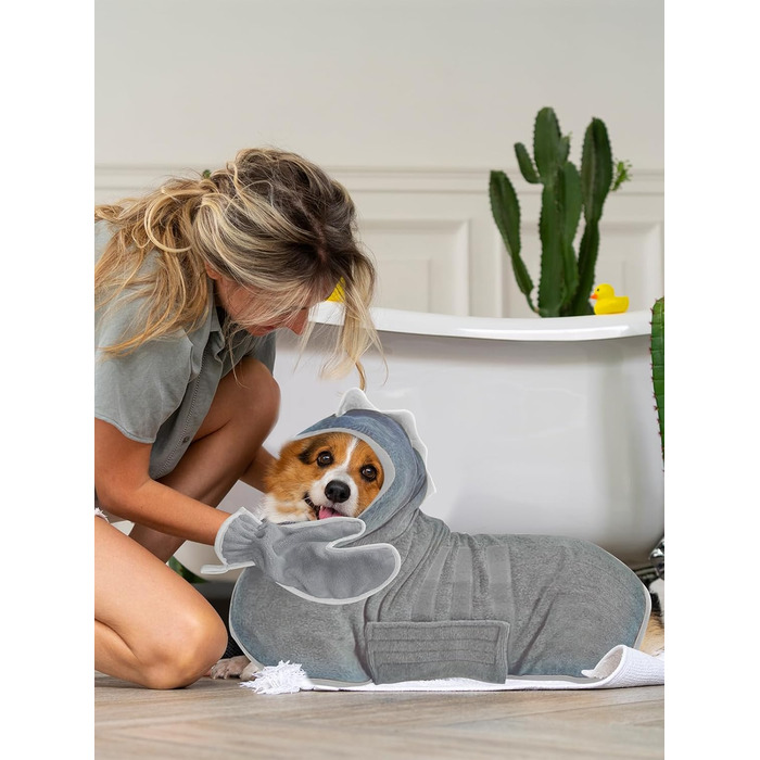 Рушник для собак з мікрофібри, халат для собак, швидковисихаючий, з регульованим коміром на липучці, для великих, середніх та маленьких собак/котів (Сірий, M)