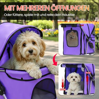 Візок для собак FDW, складний, для котів та собак, з обертовими колесами на 360°, з кошиком для зберігання, подушкою та сітковими віконцями, тримачем для напоїв, до 15 кг, фіолетовий