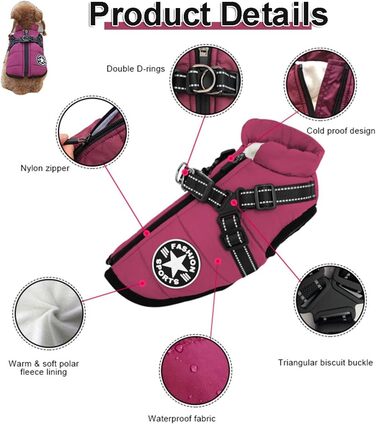 Водонепроникна зимова куртка для собак з інтегрованим шлейкою, зручна та регульована, з відбиваючими елементами. Підходить для маленьких та великих собак.