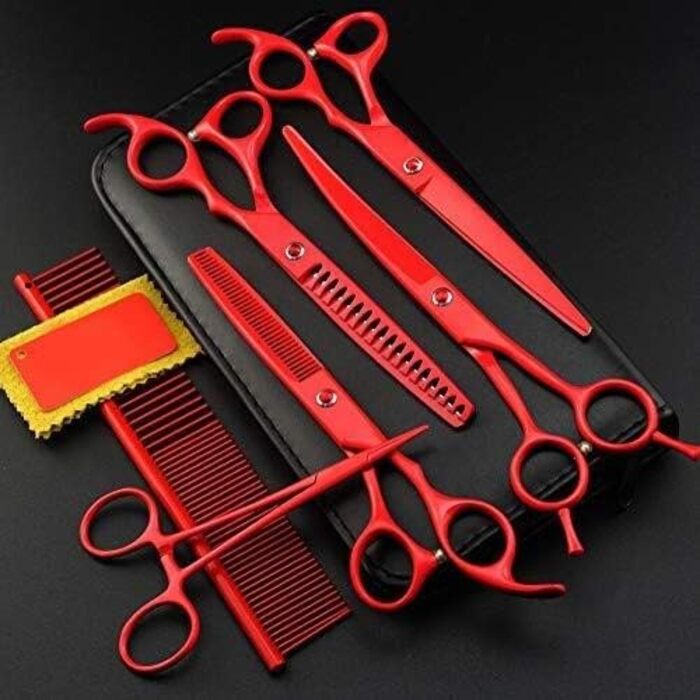 Професійний набір для грумінгу собак та котів (5 шт.): ножиці, витончувальні ножиці, ножиці з закругленими кінцями, гребінець