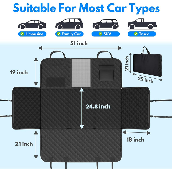 Захист для заднього сидіння авто для собак, чорний, міцний, 180 кг, з сіткою, водовідштовхувальний