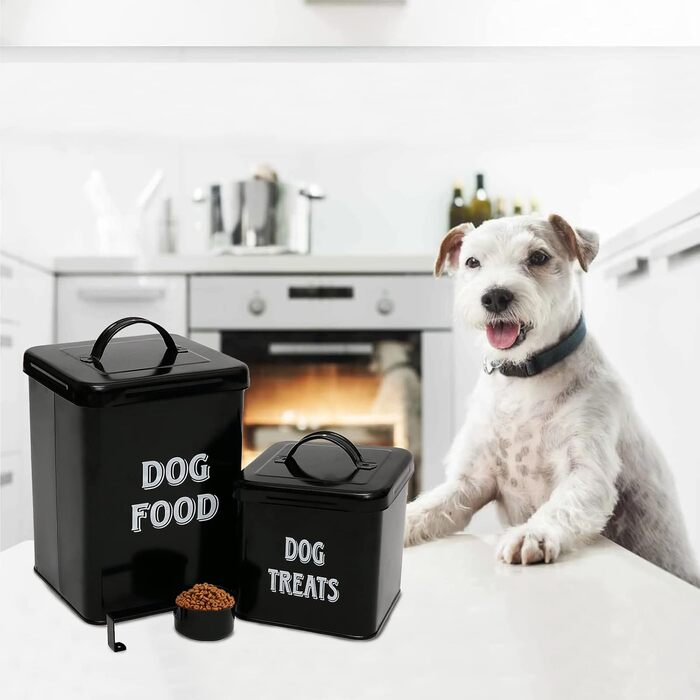 Контейнер для корму Morezi (2 шт.): сталь, з кришкою, ложка. Підходить для корму собак, котів та інших тварин. Білий/Чорний