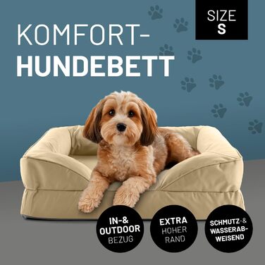 Ортопедичне собаче ліжко Lumaland Outdoor & Indoor | Зручне собаче ліжко-софа 70x60 см - ідеально для маленьких собак | Нековзне дно | Зручна, водонепроникна підстилка для собак Beige S - для дому та вулиці - 70x60 см