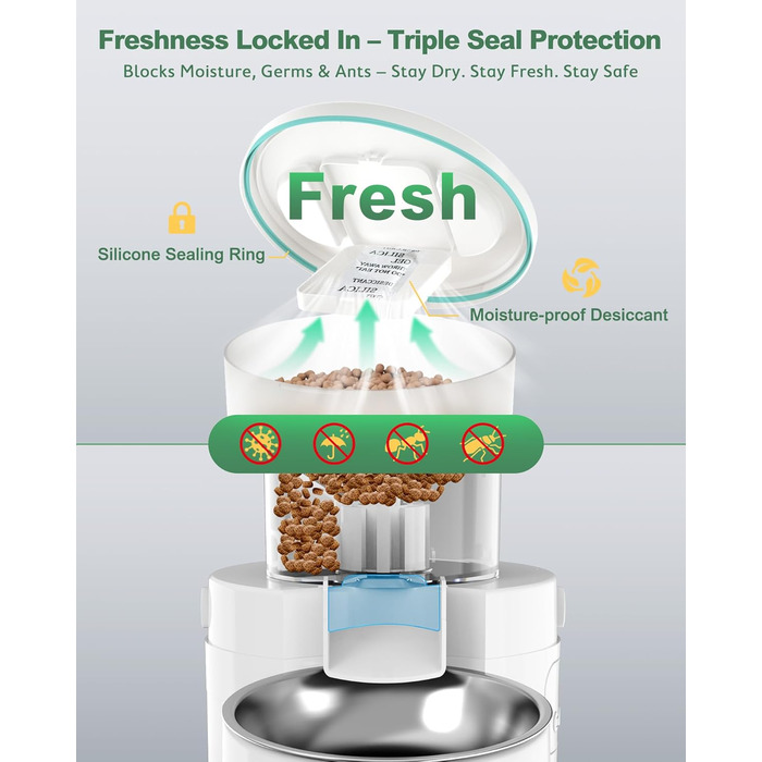 Автоматичний годівниця для котів та собак Gimars 5L з LCD-дисплеєм, 2 миски, програмування, 1-6 прийомів їжі, голосовий запис, білий колір