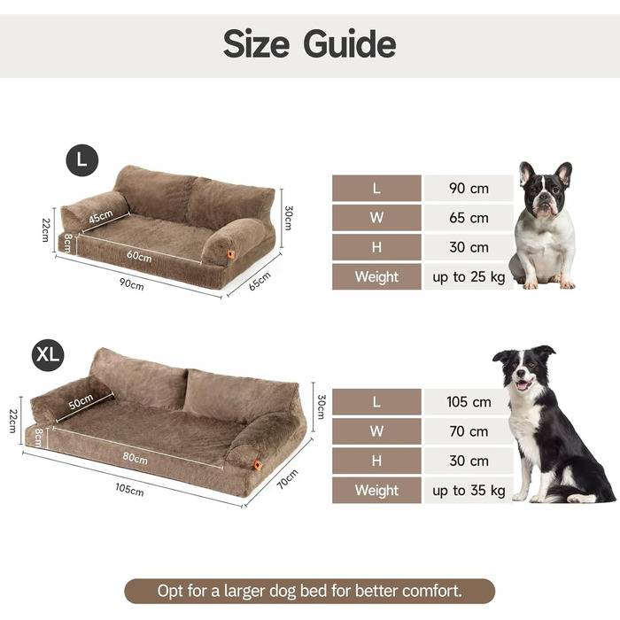 Ортопедичний лежак для собак MeWoofun, середній, водонепроникний, антистресовий плюшевий чохол, 90 x 65 x 30 см (Коричневий, L)