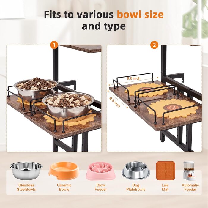 Підвищена годівниця для собак LitaiL з місцем для зберігання та двома антиковзними килимками, для великих собак, регульована висота, кріплення на стіну, колір вінтажний коричневий