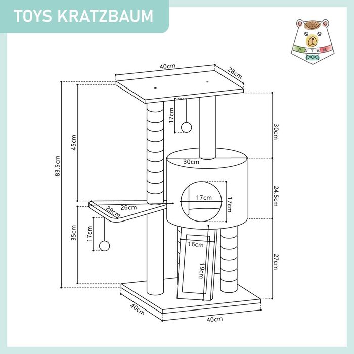 Дряпалка для котів PATAM з натурального сизалю, з котячою печерою та рампою, посилена основа, легка збірка - висота 83,5 см, іграшки Беж (Беж)