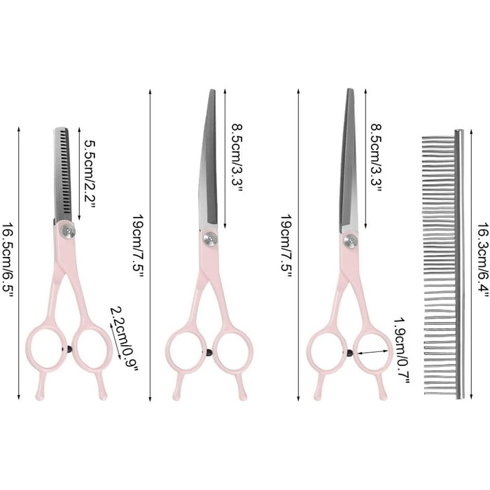 Набір професійних ножиць для грумінгу собак та котів 5-в-1, нержавіюча сталь, з гребінцем для догляду за шерстю (Рожевий)