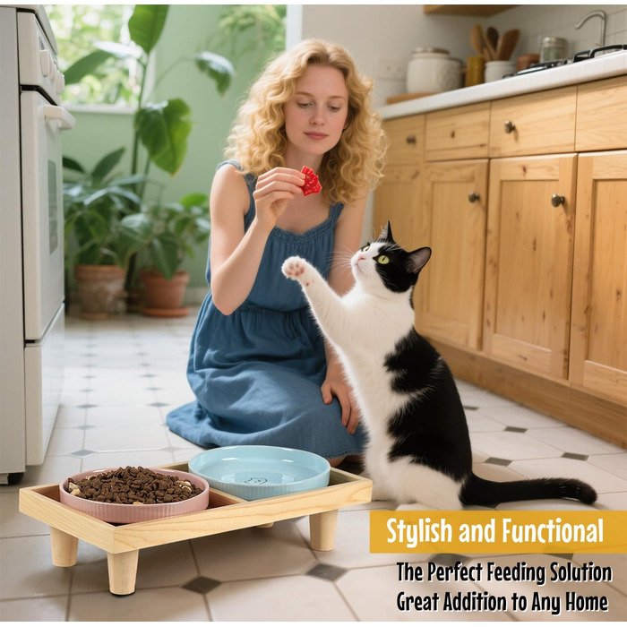 Миска для котів плоска керамічна з дерев'яною підставкою, піднята станція для годування з 2 керамічними мисками, миска для котів, діаметр миски 16 см для їжі та води, рожева & блакитна, блакитно-рожева