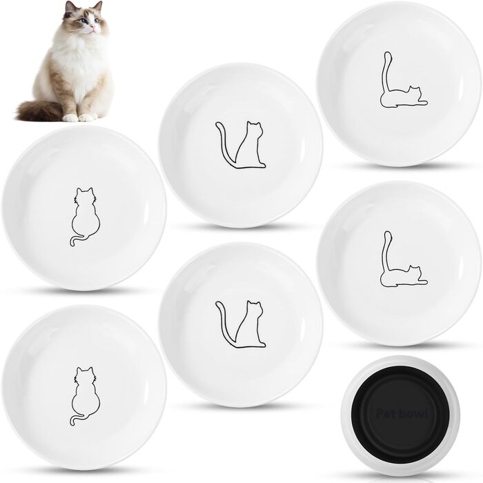 Набір мисок для котів FoiiLiio 6 шт. з кераміки (15x3.0 см) з неслизьким силіконовим дном. Миски для котячого корму, годівниці для котів та собак. Білий колір.