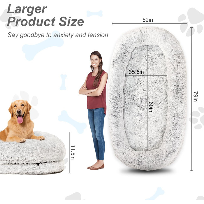 Ортопедичне ліжко для собак XL, 200x112x32 см, сірого кольору. Зручне ліжко для собак та домашніх тварин з великим штучним хутром, знімний та пральний чохол.