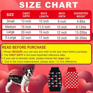 Пуловери для собак на День святого Валентина (2 шт.), теплий в'язаний пуловер з серцем для маленьких, середніх та великих собак, розмір M (червоне серце та чорний текст 