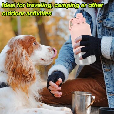 Водяна пляшка для собак на прогулянці, 950 мл, з мискою, ізольована, нержавіюча сталь, термопляшка для собак, рожева